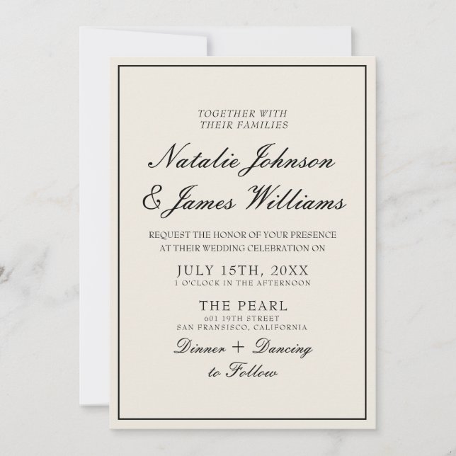 Classy Black And White Old Money QR Code Wedding Invitation (Front)