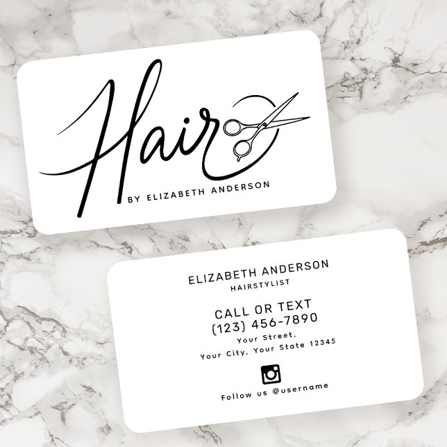 Classy Black and White Script Hairstylist  Business Card (Creator Uploaded)