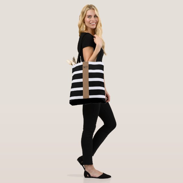 Classy Black and White Stripe Monogram Tote (On Model)
