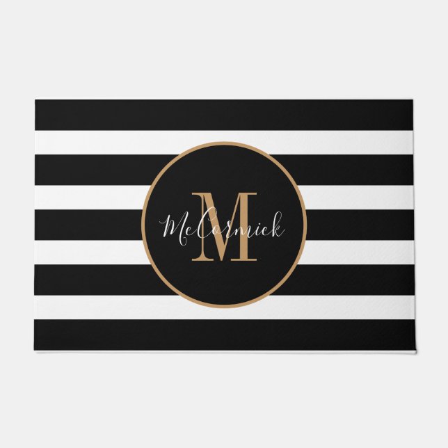 Classy Black And White Stripes Gold Monogram Doormat (Front)