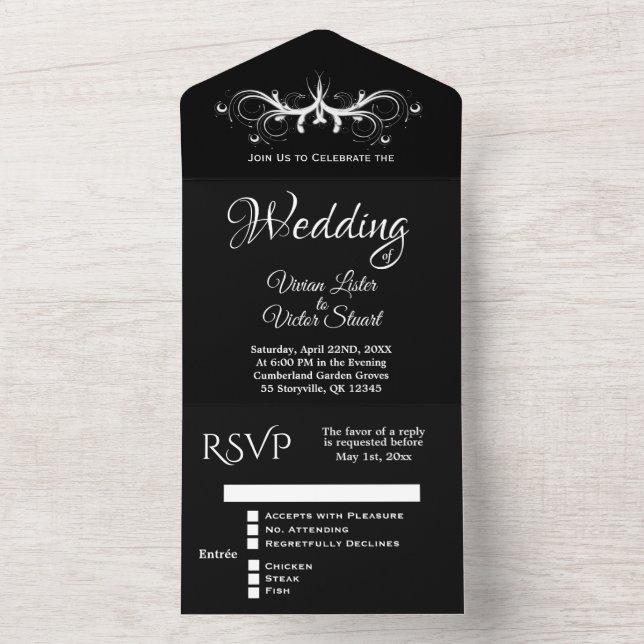 Classy Black and White Tri Fold Rsvp Wedding  All In One Invitation (Inside)