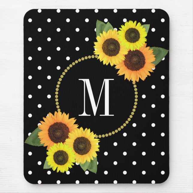 Classy Black Antique Floral Polka Dots Monogram Mouse Pad (Front)