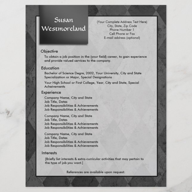 Classy Black Argyle Resume Template (Front)