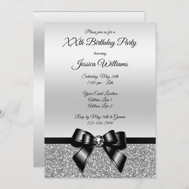 Classy Black Bow & Silver Glitter Birthday Invitation (Front/Back)