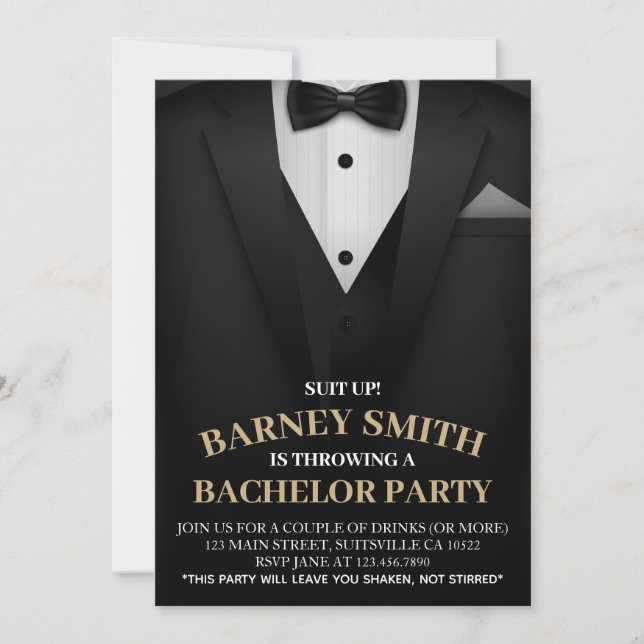 Classy Black Bow tie Suit Bachelor Party Invite (Front)