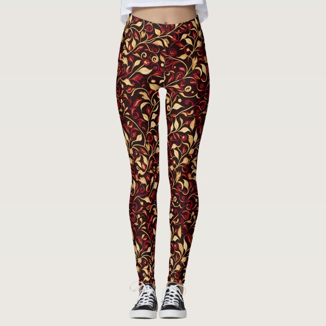 Classy Black, Burgundy and Gold Christmas Foliage Leggings (Front)