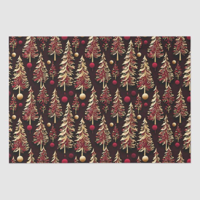 Classy Black, Burgundy and Gold Christmas Trees Tissue Paper (Front)
