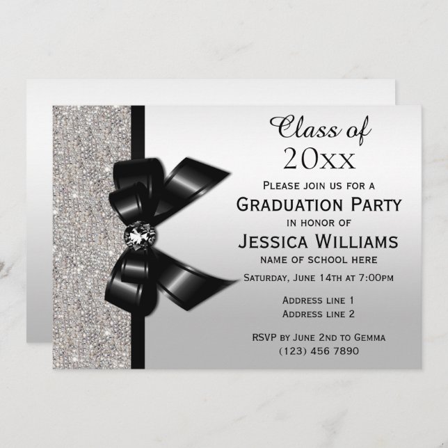 Classy Black Gem Bow, Silver Sequins Graduation Invitation (Front/Back)