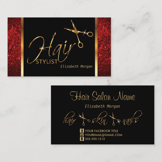 Classy Black, Gold and Red  Hair Stylist Business Card (Front/Back)