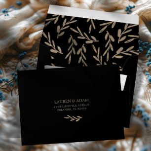 Classy Black & Gold Botanical Wedding RSVP Envelope