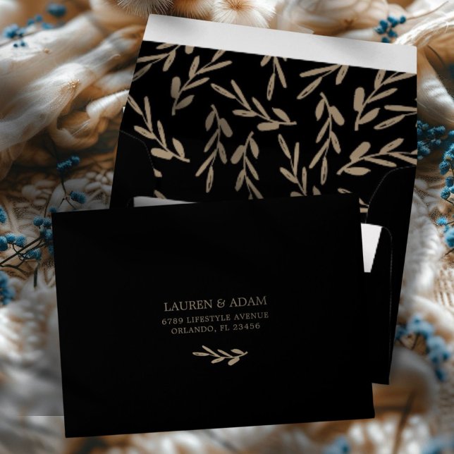 Classy Black & Gold Botanical Wedding RSVP  Envelope (Creator Uploaded)