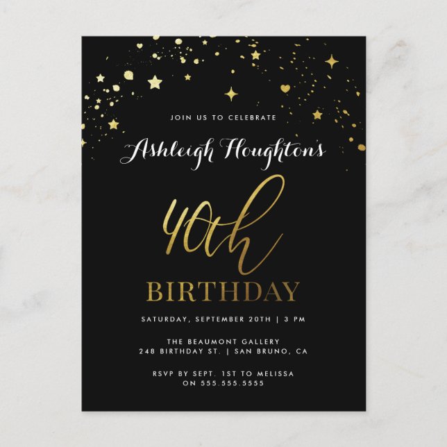 Classy Black & Gold Confetti 40th Birthday Invitation Postcard (Front)