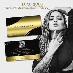 Classy Black Gold Curved Decor Lines with QR Code Business Card