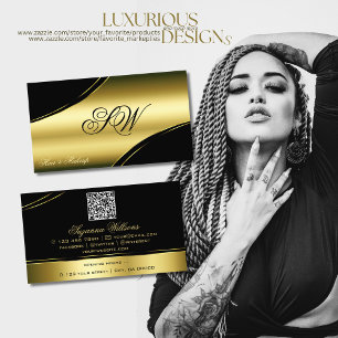 Classy Black Gold Curved Lines Monogram QR Code Business Card