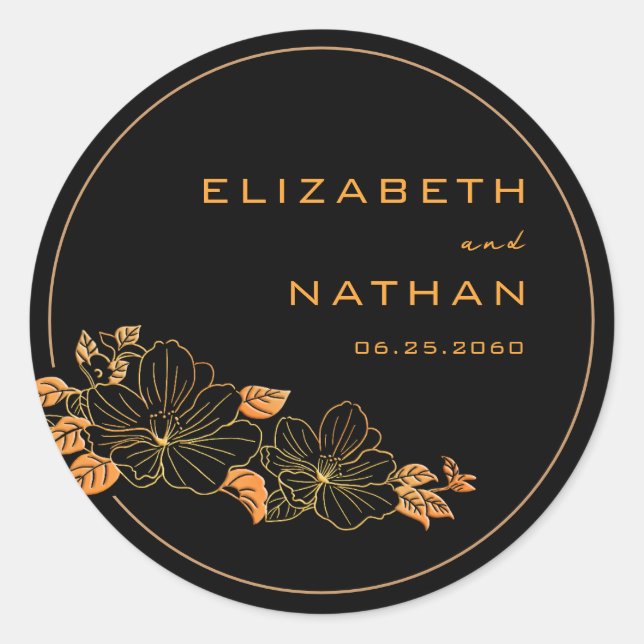 Classy Black & Gold Floral Foliage Wedding  Classic Round Sticker (Front)