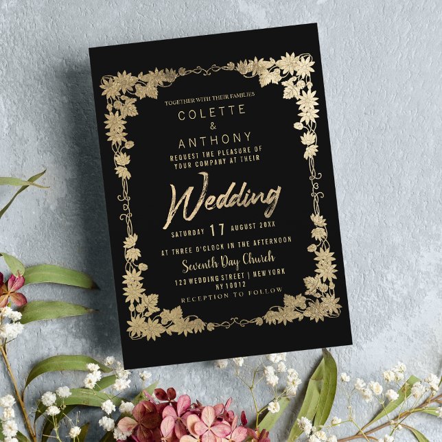 Classy black gold floral frame border Wedding Invitation (Classy black gold floral frame border Wedding)