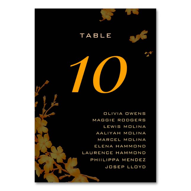 Classy Black & Gold Floral Guest Names  Table Number (Front)