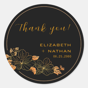 Classy Black Gold Floral Wedding Thank You Classic Round Sticker
