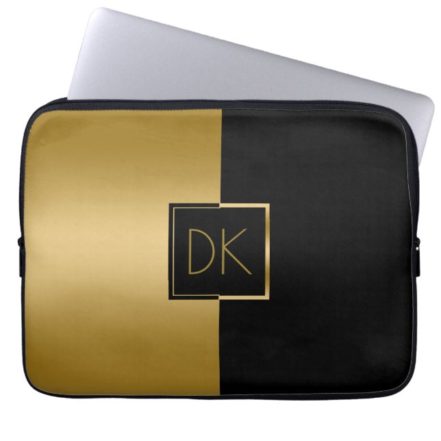 Classy Black & Gold Geometric Design Laptop Sleeve (Front)