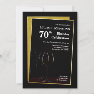 Classy Black Gold Glitter 70th Birthday Invitation