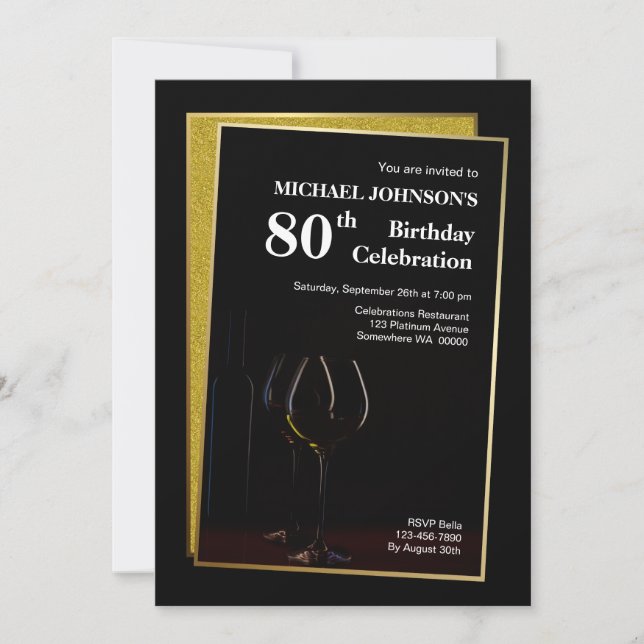 Classy Black Gold Glitter 80th Birthday Invitation (Front)