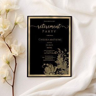 Classy black gold glitter floral Retirement Party Invitation