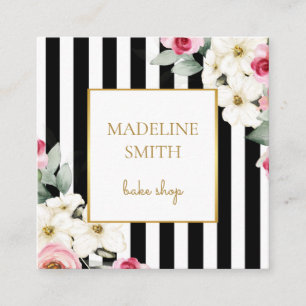 Classy Black Gold & Pink Flowers and Stripes Square Business Card
