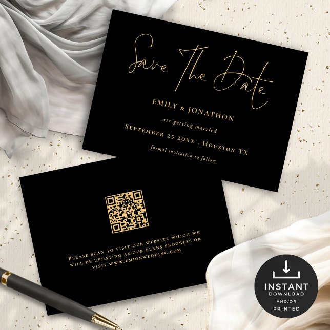 Classy Black Gold Script QR Code Wedding Save The Date (Front and Back View)