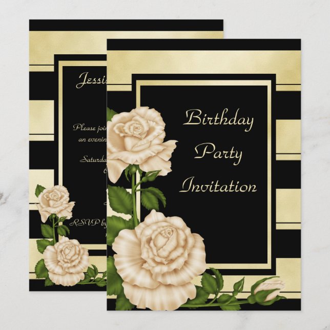 Classy Black & Gold Striped Floral Birthday Invitation (Front/Back)