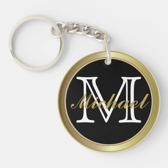 Classy Black Gold Styled Monogrammed Name Keychain (Front)