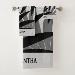 Classy Black Gray White geometric Leaves Pattern Bath Towel Set