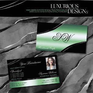 Classy Black Green Curved Lines Monogram and Photo Business Card