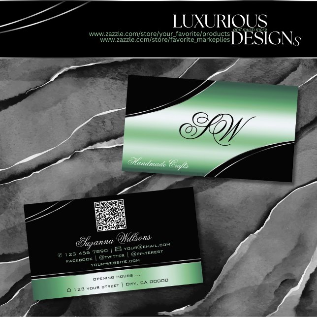 Classy Black Green Curved Lines Monogram QR Code Business Card (Creator Uploaded)