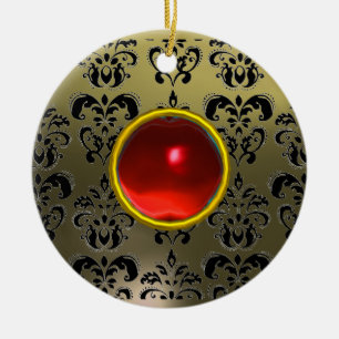CLASSY BLACK GREY RED DAMASK  AND RUBY GEM STONE CERAMIC ORNAMENT