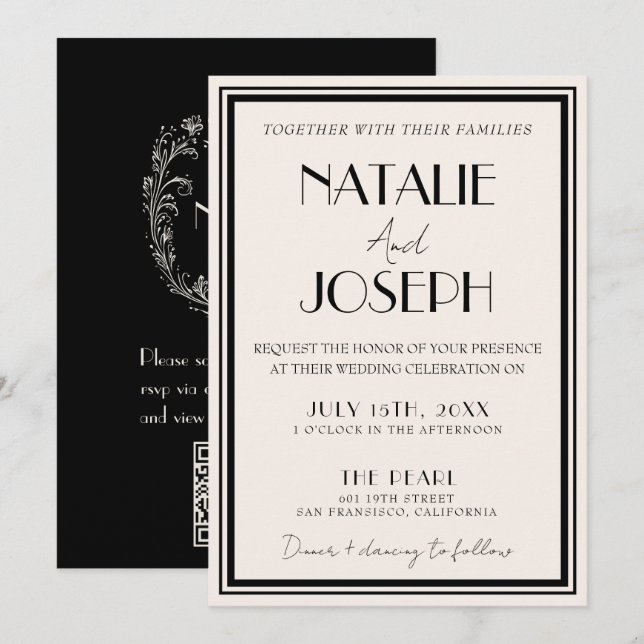 Classy Black Ivory Old Money Retro QR Code Wedding Invitation (Front/Back)