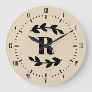 Classy Black Laurels Monogram Large Clock