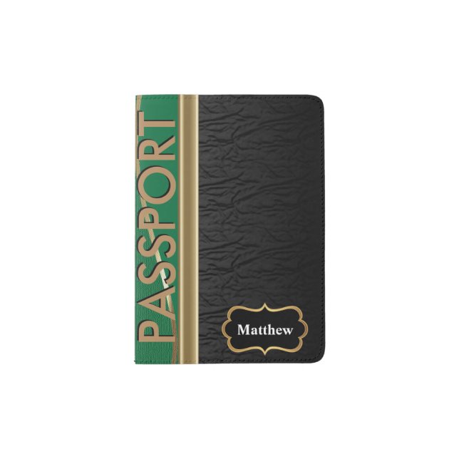 Classy Black Leather, Dark Green and Gold Passport Holder (Front)