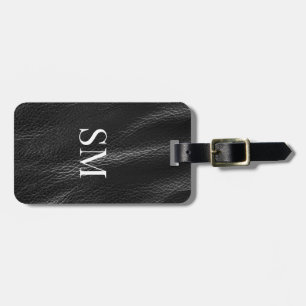 Classy Black Leather Monogram Initials Luggage Tag