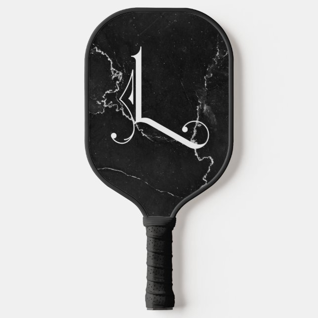 Classy Black Marble Decorative L Personalised  Pickleball Paddle (Front)