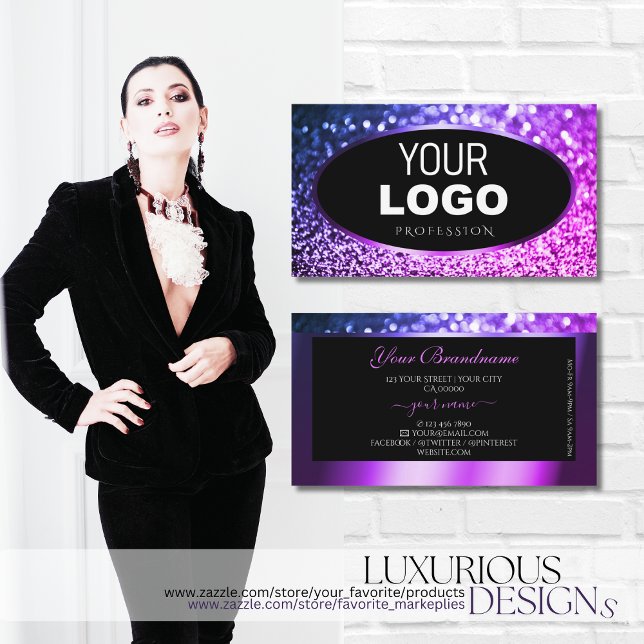 Classy Black Pink Purple Sparkle Glitter with Logo Business Card (Creator Uploaded)
