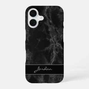 Classy Black Polished Marble Stone with Name iPhone 16 Case