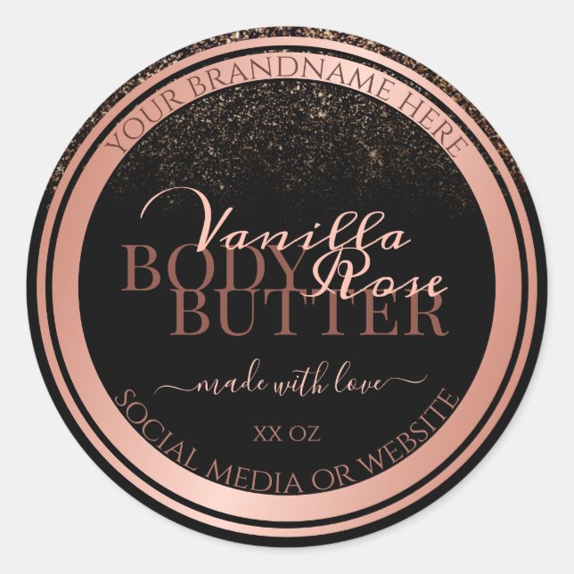 Classy Black Product Packaging Labels Rose Gold (Front)