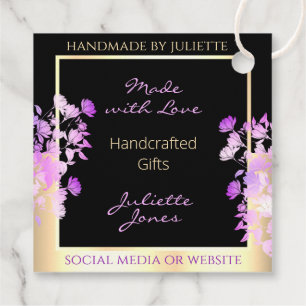 Classy Black Purple Flowers and Gold Thank You Favour Tags