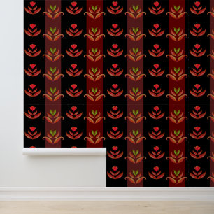 Classy Black, Red, Brown Floral Stripes Pattern Wallpaper
