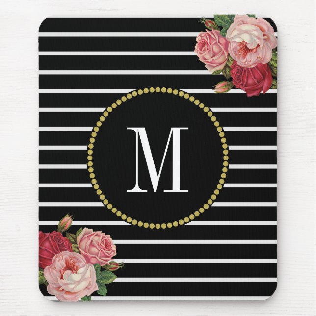 Classy Black Striped Antique Boho Floral Monogram Mouse Pad (Front)