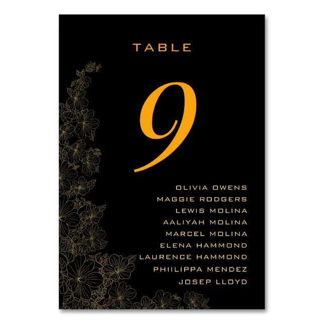 Classy Black Subtle Floral Pattern Names  Table Number (Front)