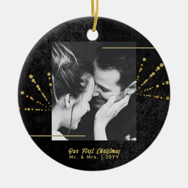 Classy Black Velvet Gold Fireworks First Christmas Ceramic Ornament (Front)