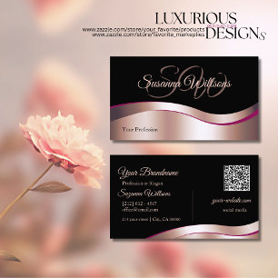 Classy Black Wavy Rose Gold Decor Initials QR Code Business Card