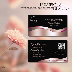 Classy Black Wavy Rose Gold Decor Logo and QR Code Business Card