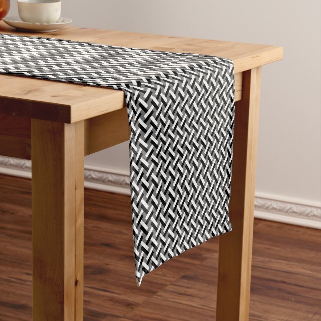 Classy Black & White Art Deco Herringbone Pattern Short Table Runner (In Situ)